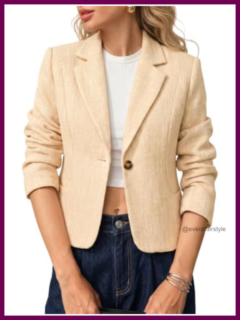 Cropped Tweed Blazer Notch Lapel Long Sleeve Business Casual Suit Jacket